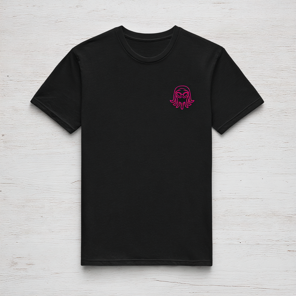 Black Flat Lay Tee with Pink Embroidery