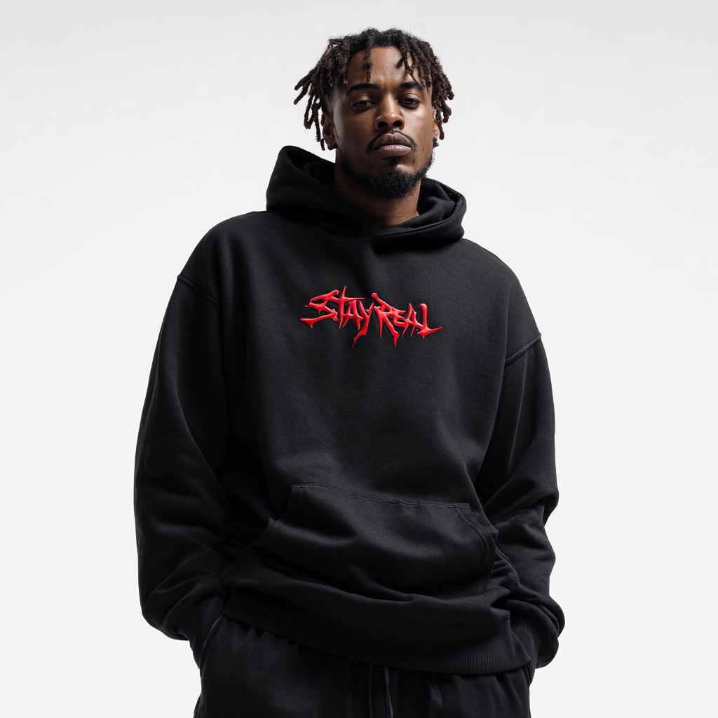 "Stay Real " text embroided