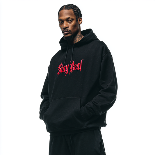 "Stay Real " text embroided