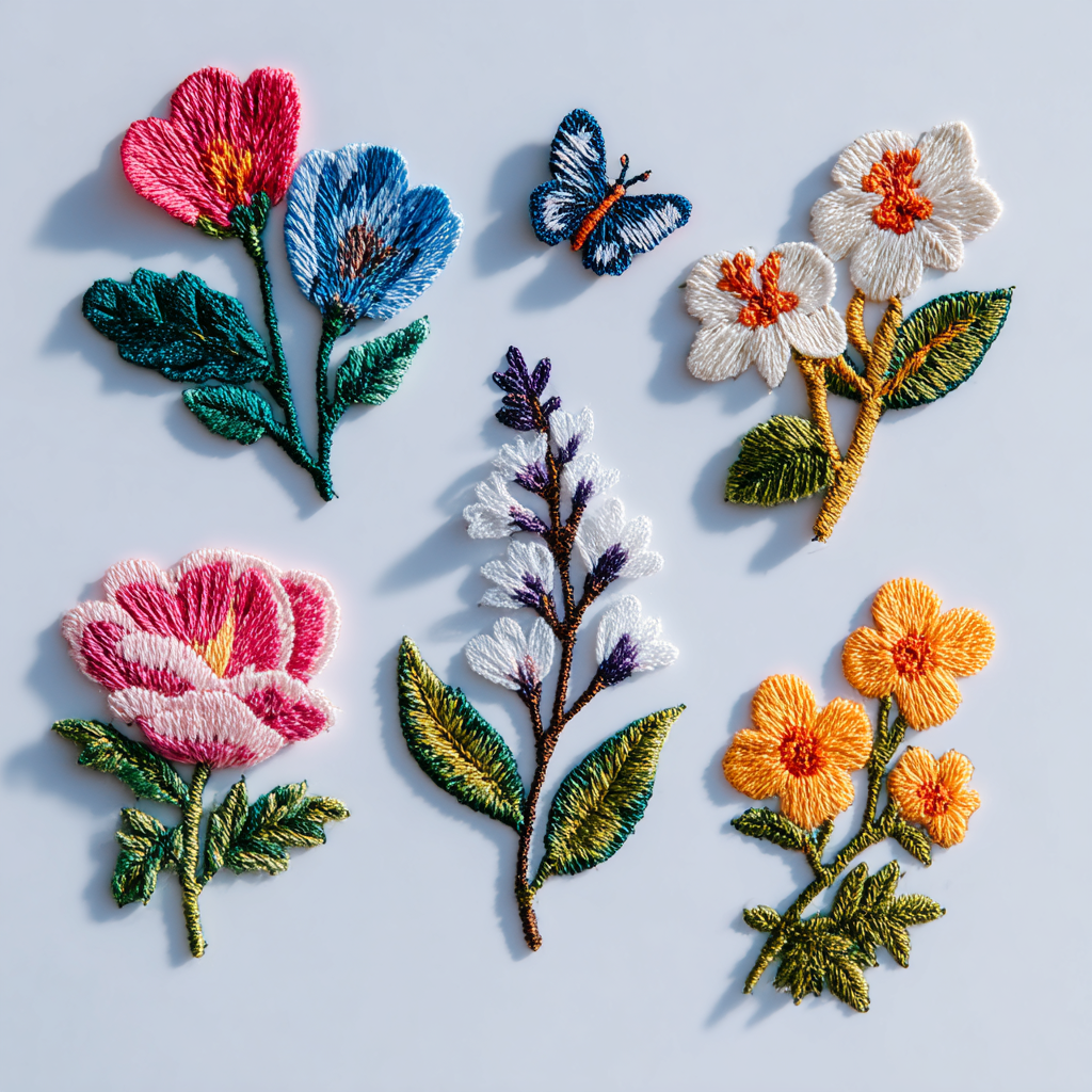 Embroidered patches of flowers