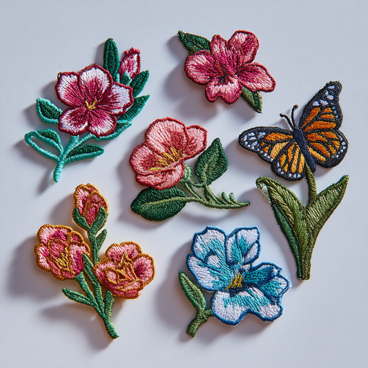 Embroidered patches of flowers